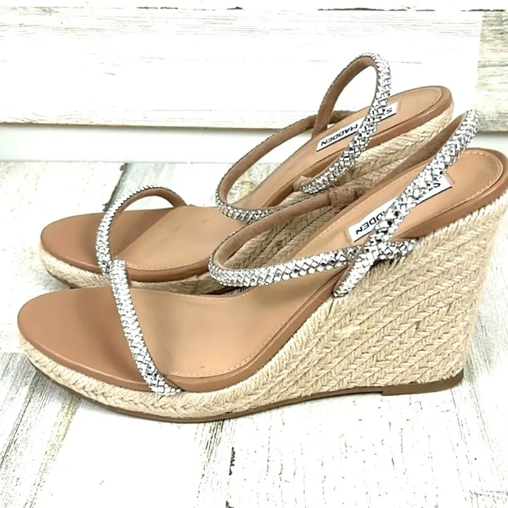 Steve Madden Womens 9.5 Rhinestone Strappy Espadrille Platform Wedge Sandals NEW